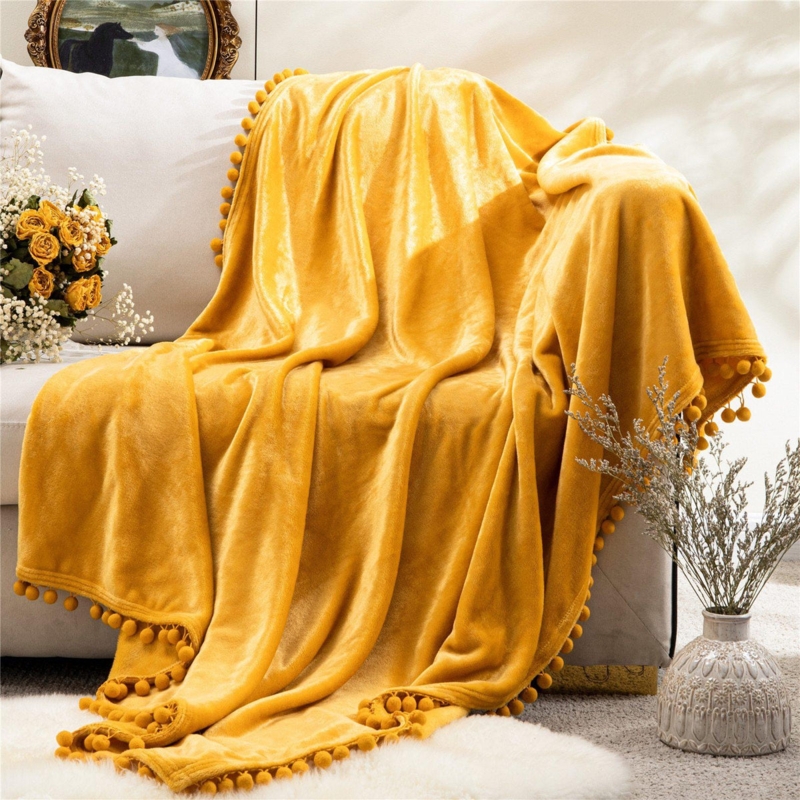 Throw Blanket, Waffle Weave, White Tassels, Mustard