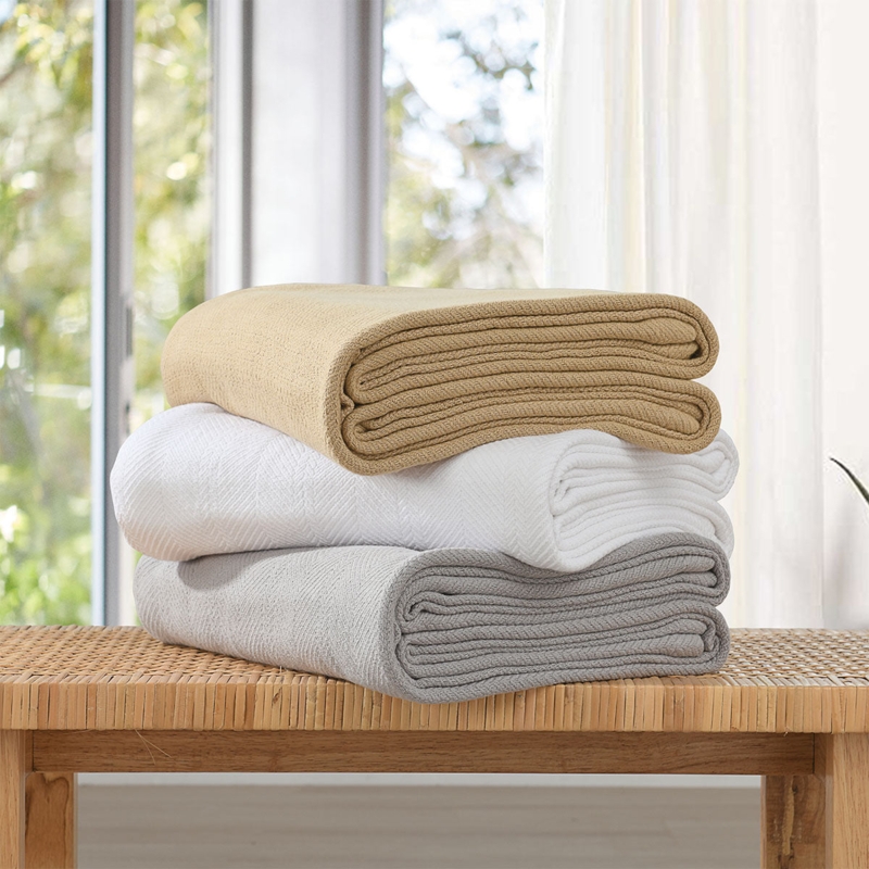 Throw Blanket | Warm Beige Jacquard Geometric Weave | Folded Cotton Layer