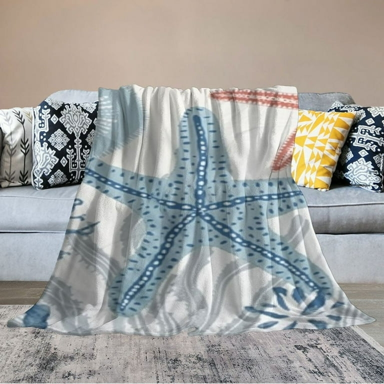 Throw Blanket, Watercolor Starfish Seashell Print, Airy Beach
