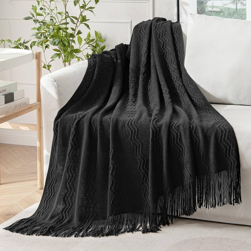Throw Blanket Wave Knit Pattern Tasseled Edges Boho