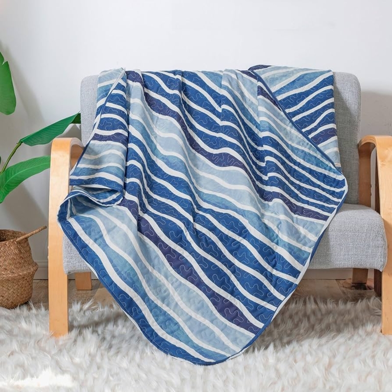 Throw Blanket Wave Pattern Quilted Scalloped Edges Blue Coastal Decor