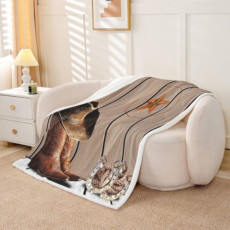 Throw Blanket Western Cowboy Themed Icons Plush Fleece Brown