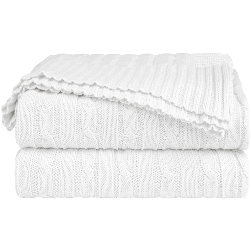 Throw Blanket | White Cable Knit Cotton | Ribbed Trim Traditional Braided