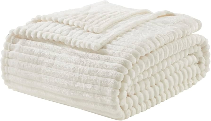 Throw Blanket White Carved Geometric Pattern Plush Modern Minimalist Decor