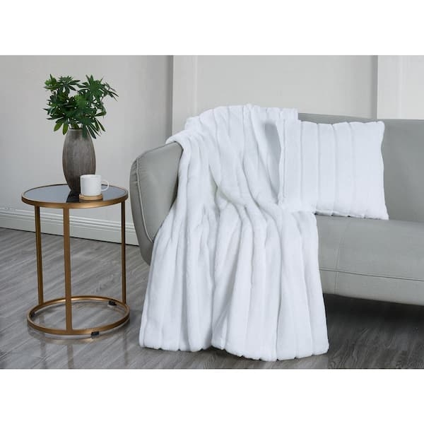 Throw Blanket White Faux Fur Striped Ribbing Plush Coordinated Set Decor