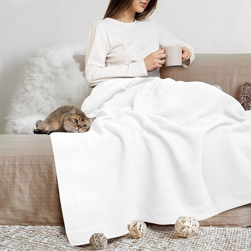 Throw Blanket White Herringbone Weave with Fringe