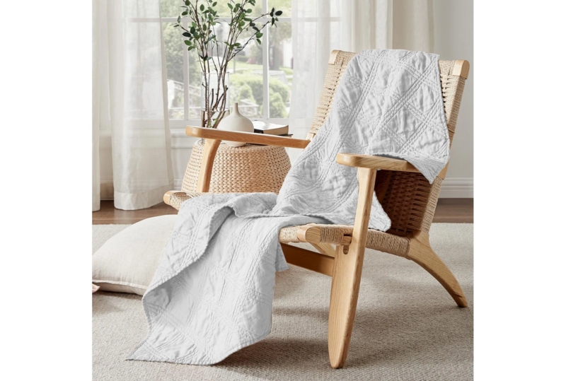 Throw Blanket White Linen Like Fabric Fringed Edges