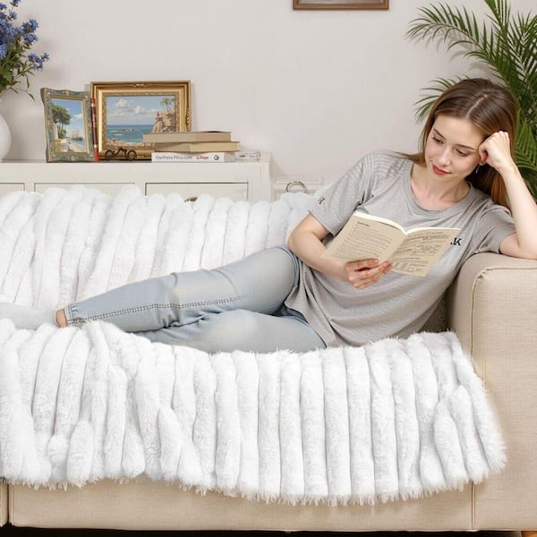 Throw Blanket, White Long Pile Faux Fur for Glamorous Seating