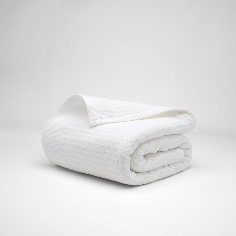 Throw Blanket | White Waffle Weave Cotton | Fringe Trim Draped Silhouette