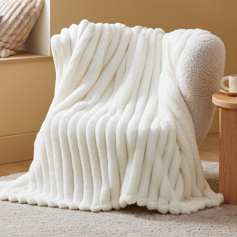 Throw Blanket, White Wide Ribbed Fleece for Stylish Styling