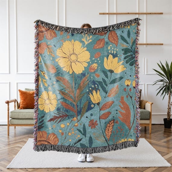 Throw Blanket Wildflower Botanical Weave Fringed Tassel Border Sage