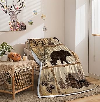 Throw Blanket Wildlife Collage Reversible Fleece Rustic Cabin Decor