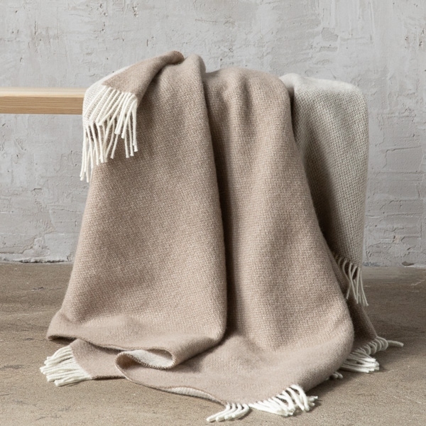 Throw Blanket Windowpane Check Taupe and Ivory Fringed Edges