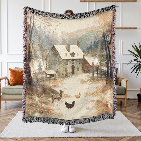 Throw Blanket Winter Landscape Woven Scenic Pattern Fringed Blue