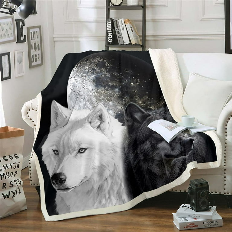 Throw Blanket with 3D Digital Wolf Motif, Sherpa Lined, Monochromatic