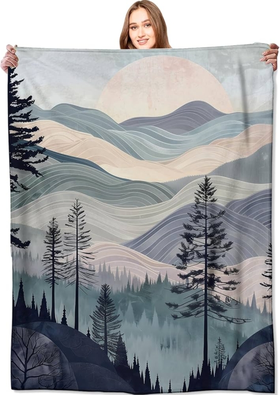 Throw Blanket with Abstract Rolling Hills Graphic and Pine Silhouette
