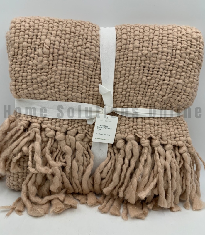 Throw Blanket with Basketweave Knit & Chunky Texture in Blush