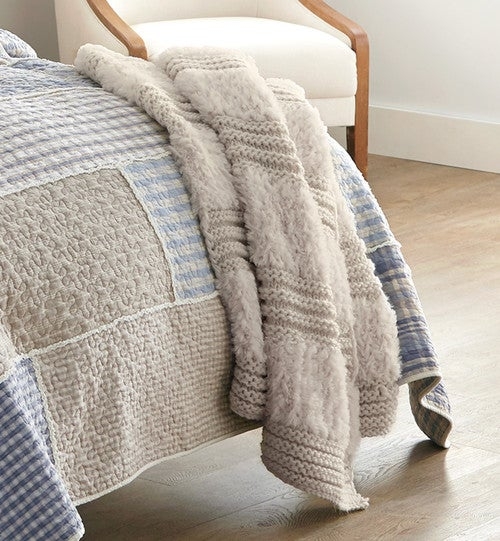 Throw Blanket with Cable Knit & Braided Tassels in Cream