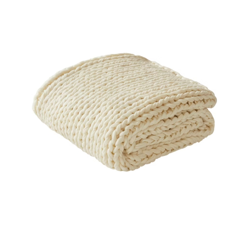 Throw Blanket with Chunky Knit & Oversized Loops in Ivory