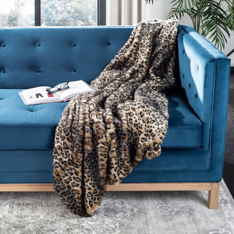 Throw Blanket with Faux Cheetah Print & Braided Fringe