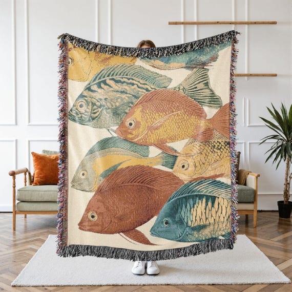 Throw Blanket with Marine Life Illustration and Multi-Colored Fringe