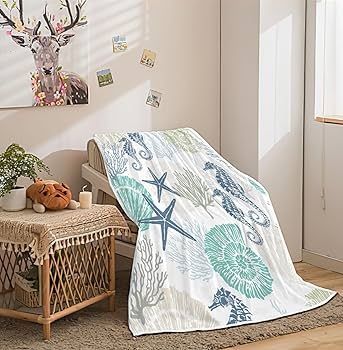Throw Blanket with Marine Life Print and Faux Wood Background