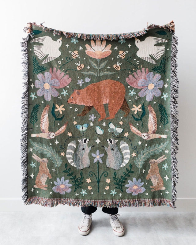 Throw Blanket with Multicolored Tassels and Woodland Animal Pattern