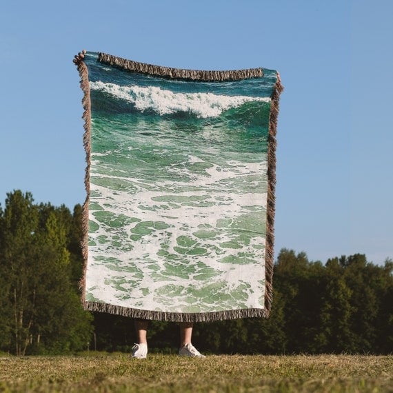 Throw Blanket with Nautical Illustrative Weave and Multi-Colored Fringe