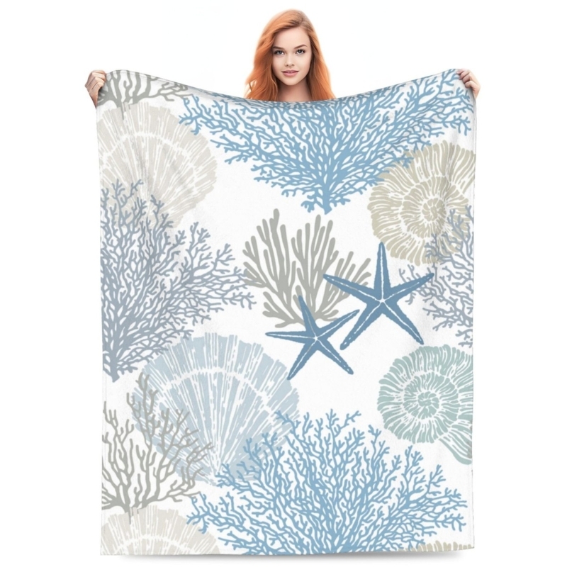 Throw Blanket with Nautical Pattern and White Tassels