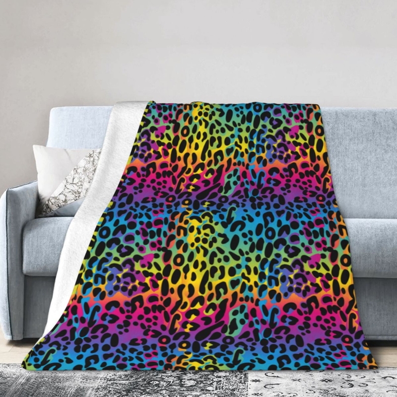 Throw Blanket with Neon Rainbow Leopard Print Fleece