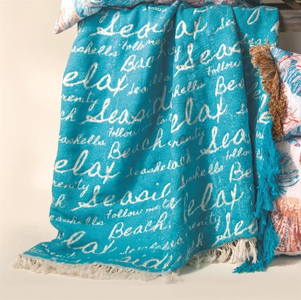 Throw Blanket with Scenic Coastal Weave and Fringed Border