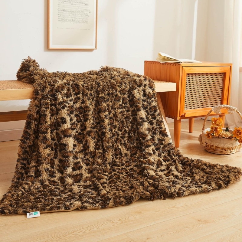 Throw Blanket with Shaggy Faux Fur Leopard Print Aesthetic
