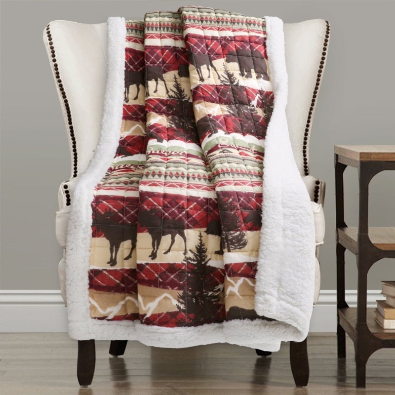 Throw Blanket With Sherpa Lining Woodland Moose Pattern Rustic Lodge Style
