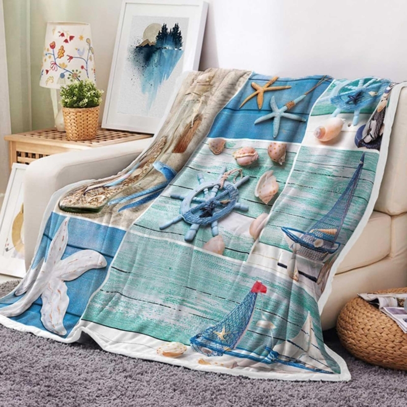 Throw Blanket with Starfish Pattern, Fuzzy Microfiber Texture