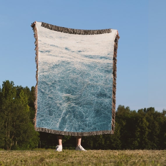 Throw Blanket with Tapestry Weave, Coastal Scene, and Fringe