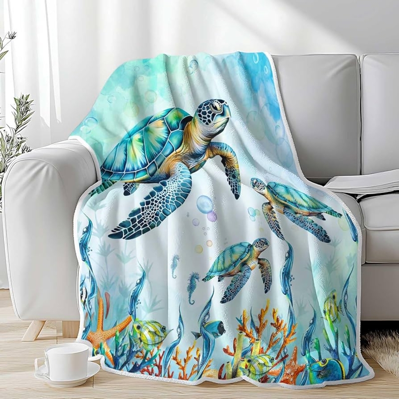 Throw Blanket with Vibrant Sea Turtle and Starfish Accents, Coastal