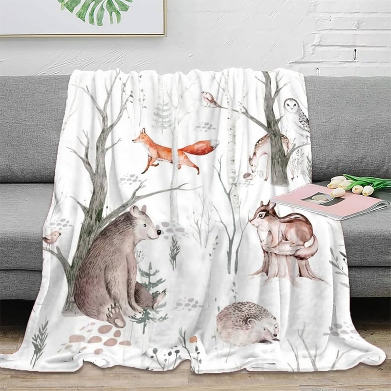 Throw Blanket with Watercolor Woodland Animal Motif, Nature Inspired