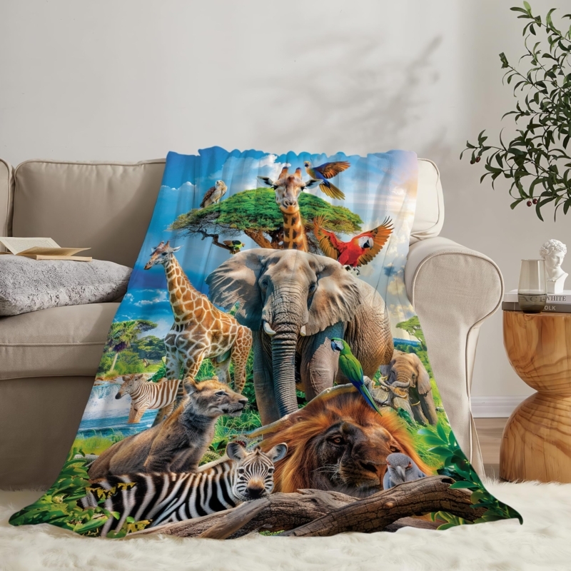Throw Blanket with Whimsical Zoo Animal Illustrations, Earthy Tones