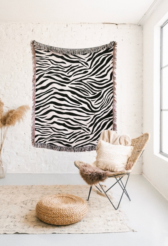 Throw Blanket with Zebra Print, Woven Texture & Fringe Edges