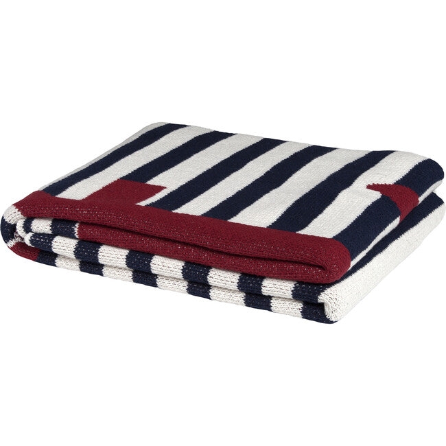 Throw Blanket, Woven Anchor Motif Stripes, Maritime Bedroom