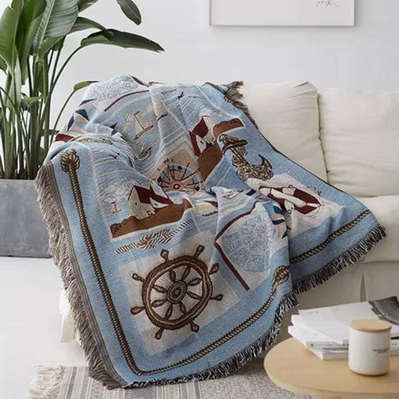 Throw Blanket, Woven Anchor Stripes Fringed Trim, Coastal Style