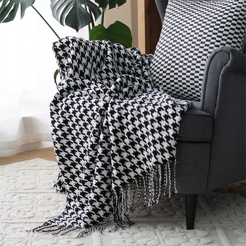 Throw Blanket Woven Beige Tasseled Fringe Scandinavian Sofa Throw