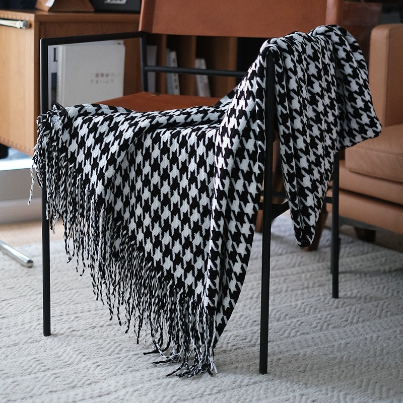 Throw Blanket Woven Cognac Houndstooth Fringe Edge Textured Blanket