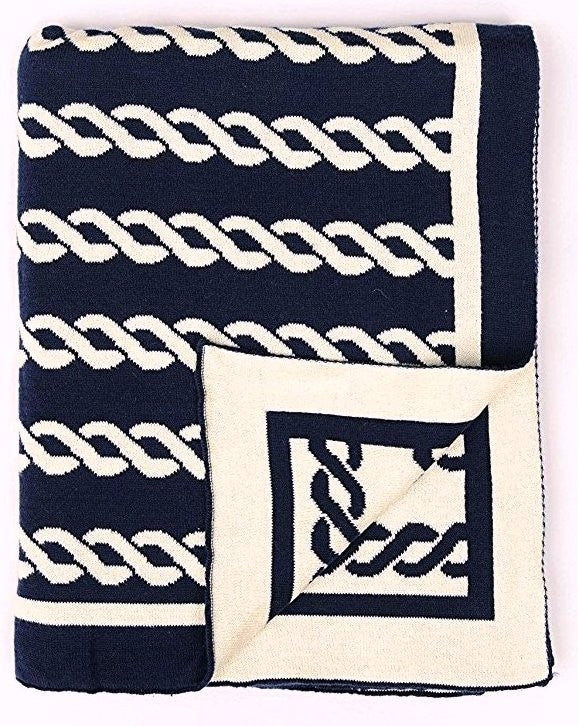 Throw Blanket, Woven Cotton Rope Motif Fringed Tassels, Nautical