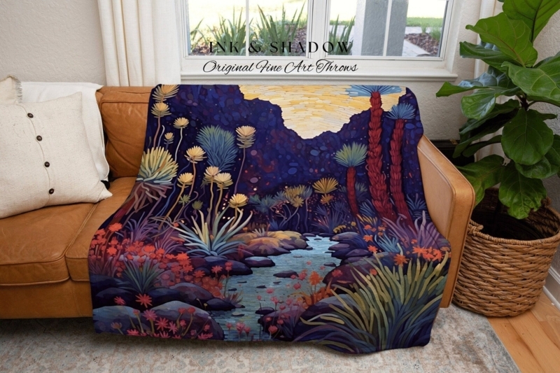 Throw Blanket Woven Desert Landscape Celestial Motifs Moody Fringe