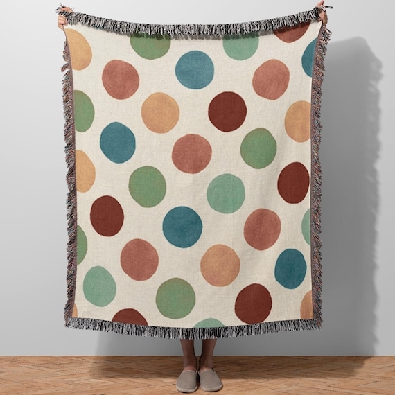 Throw Blanket Woven Fringed Edge Multicolored Dots