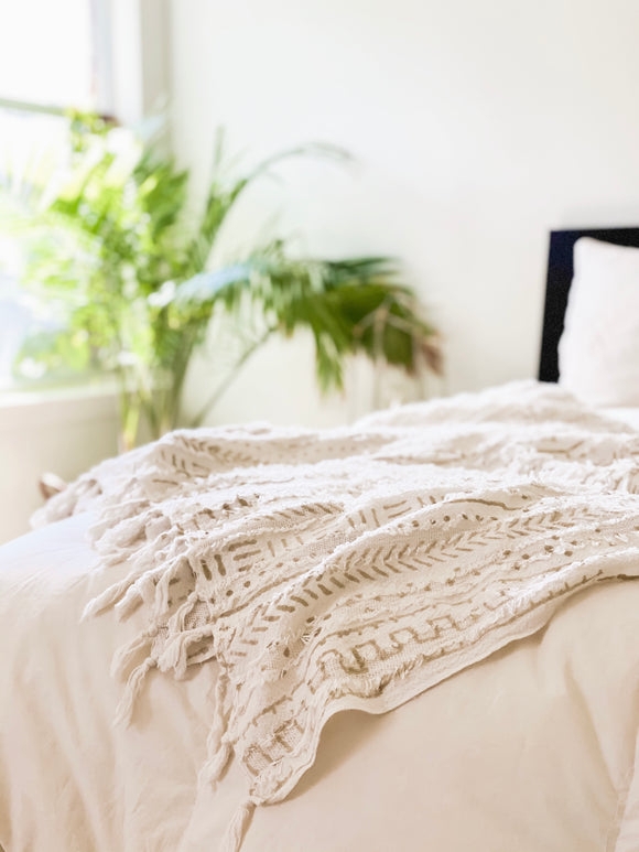 Throw Blanket Woven Geometric Earthy Palette Fringed Edges Boho Stack