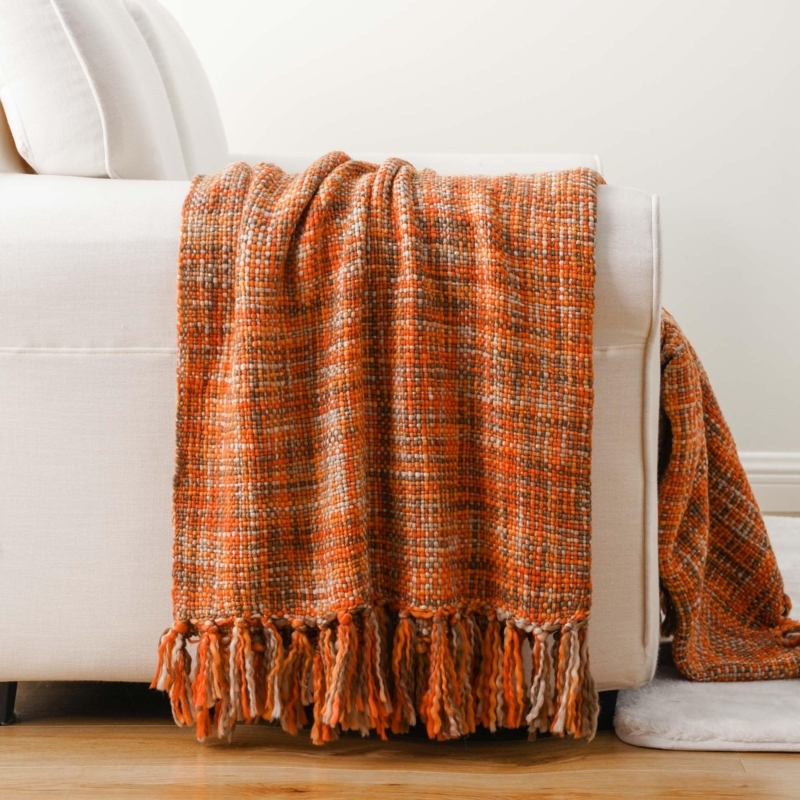 Throw Blanket Woven Geometric Pattern Long Tassels Rust Orange Boho