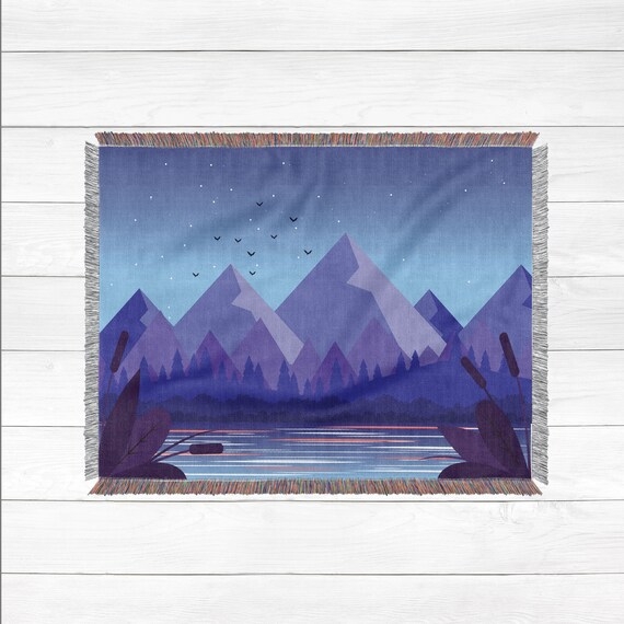 Throw Blanket Woven Landscape Pattern Fringed Edges Boho Chic
