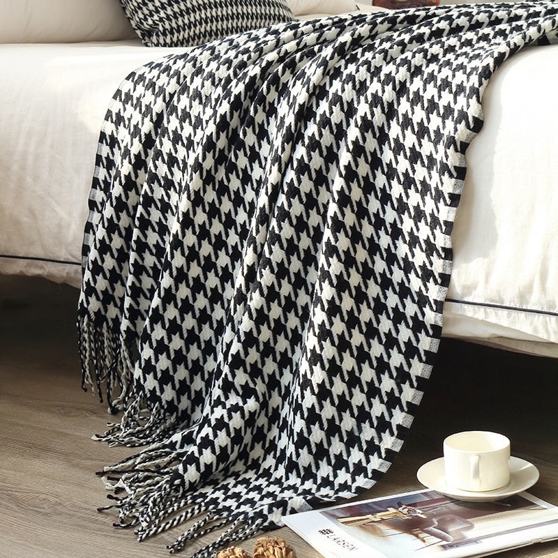 Throw Blanket Woven Long Fringed Edges Black White Modern Accent Throw